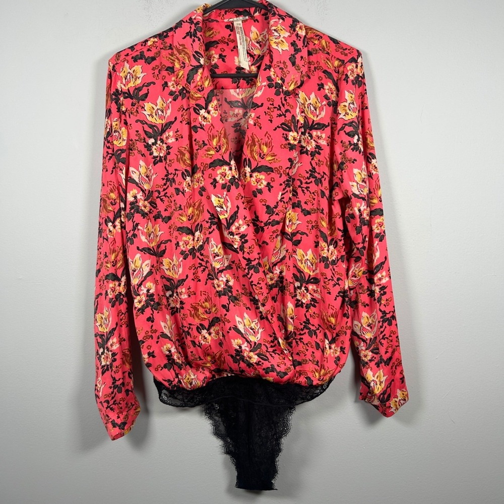 Free People Intimately Elsa Printed Wrap Bodysuit Womens XS Pink Floral Lace
